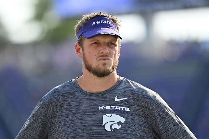 Kansas State offensive coordinator Collin Klein prepares for a game against Central Florida at Bill Snyder Family Stadium in Mahattan, Kan.